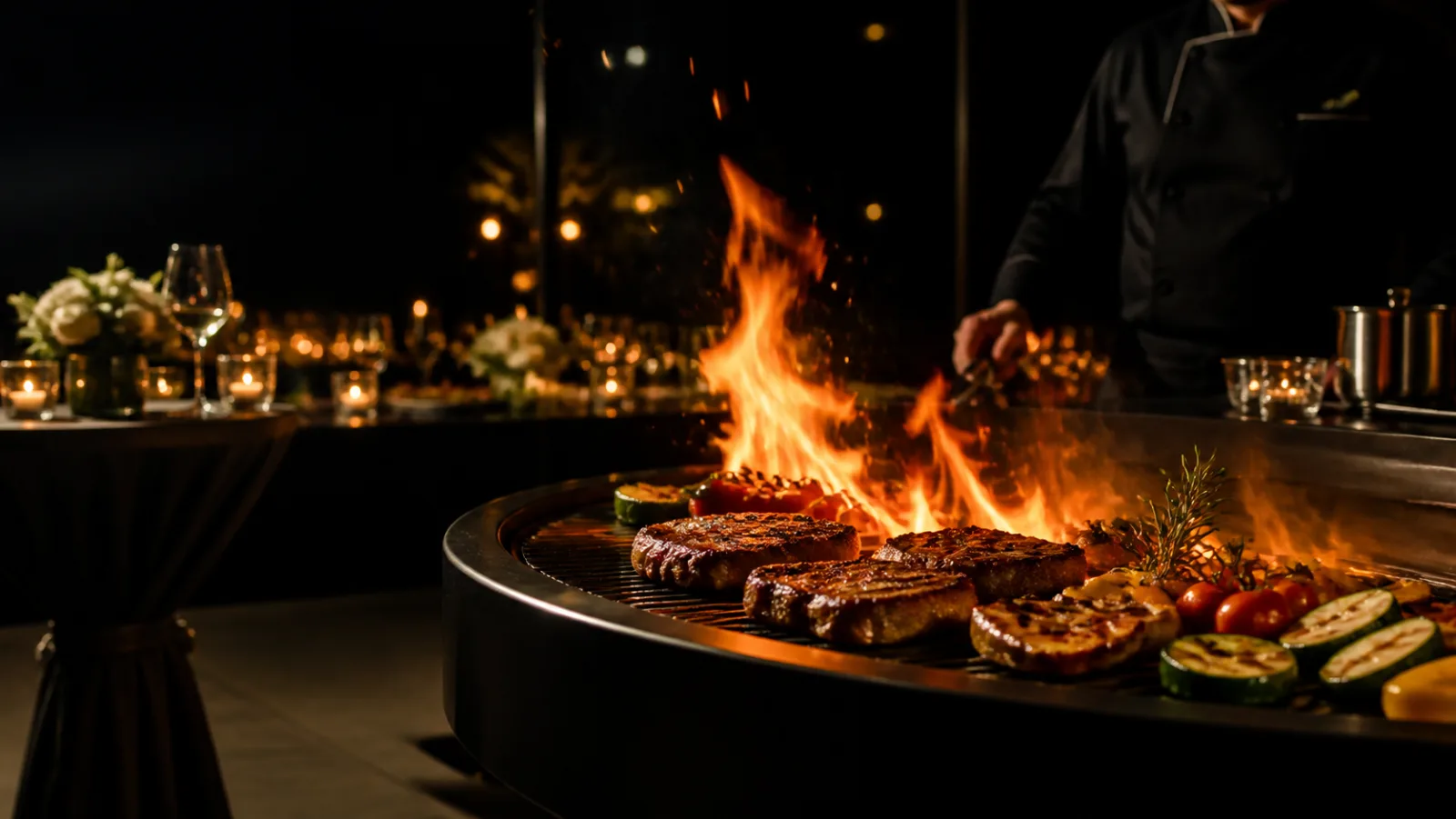 Show grill s plamenom i pripremljenim jelima